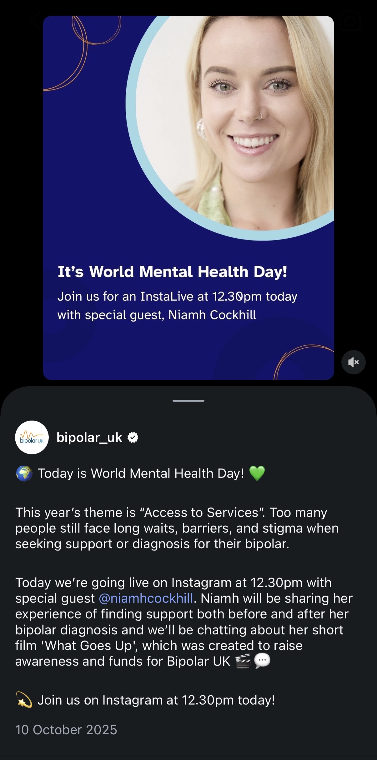 Bipolar UK post announcing Niamh as a World Mental Health Day Instagram Live guest